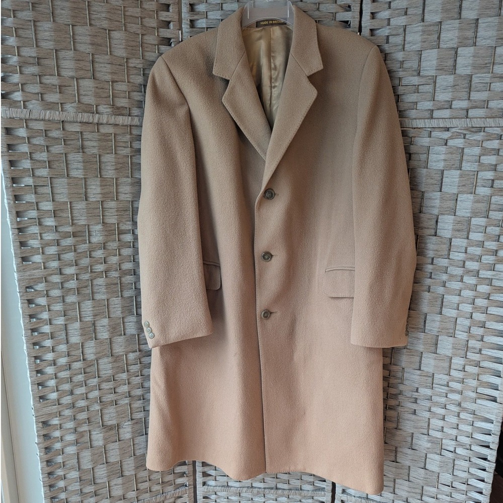 Vtg Wool Overcoat Camel British Made Long Jacket Measures Sz L *READ Old Money
